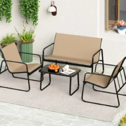 4 TLG. Terrassenmöbel-Set mit Kaffeetisch aus Gehärtetem Glas Sitzgruppe Sofagarnitur Braun/Schwarz