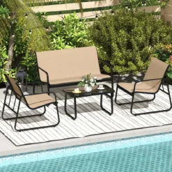 4 TLG. Terrassenmöbel-Set mit Kaffeetisch aus Gehärtetem Glas Sitzgruppe Sofagarnitur Braun/Schwarz