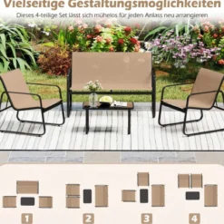 4 TLG. Terrassenmöbel-Set mit Kaffeetisch aus Gehärtetem Glas Sitzgruppe Sofagarnitur Braun/Schwarz