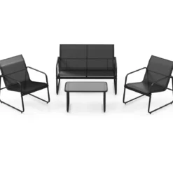 4 TLG. Terrassenmöbel-Set mit Kaffeetisch aus Gehärtetem Glas Sitzgruppe Sofagarnitur Braun/Schwarz