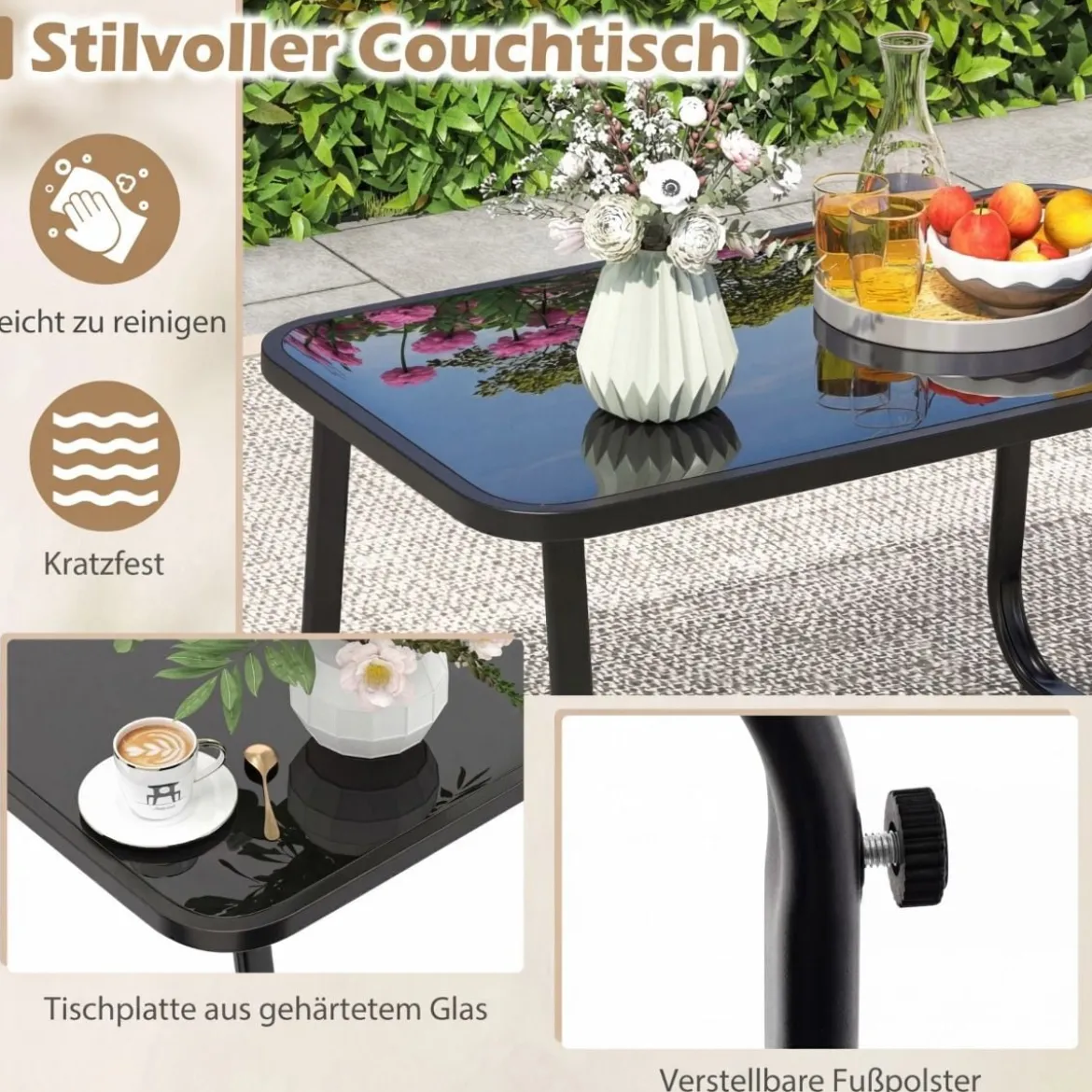 4 TLG. Terrassenmöbel-Set mit Kaffeetisch aus Gehärtetem Glas Sitzgruppe Sofagarnitur Braun/Schwarz