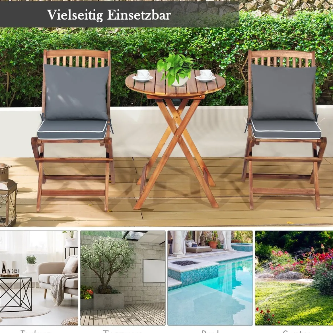 3-TLG. Terrassenmöbel-Set mit Rundem Tisch & 2 Stühlen & 2 Kissen Ergonomische Sitzgarnitur