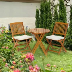 3-TLG. Terrassenmöbel-Set mit Rundem Tisch & 2 Stühlen & 2 Kissen Ergonomische Sitzgarnitur