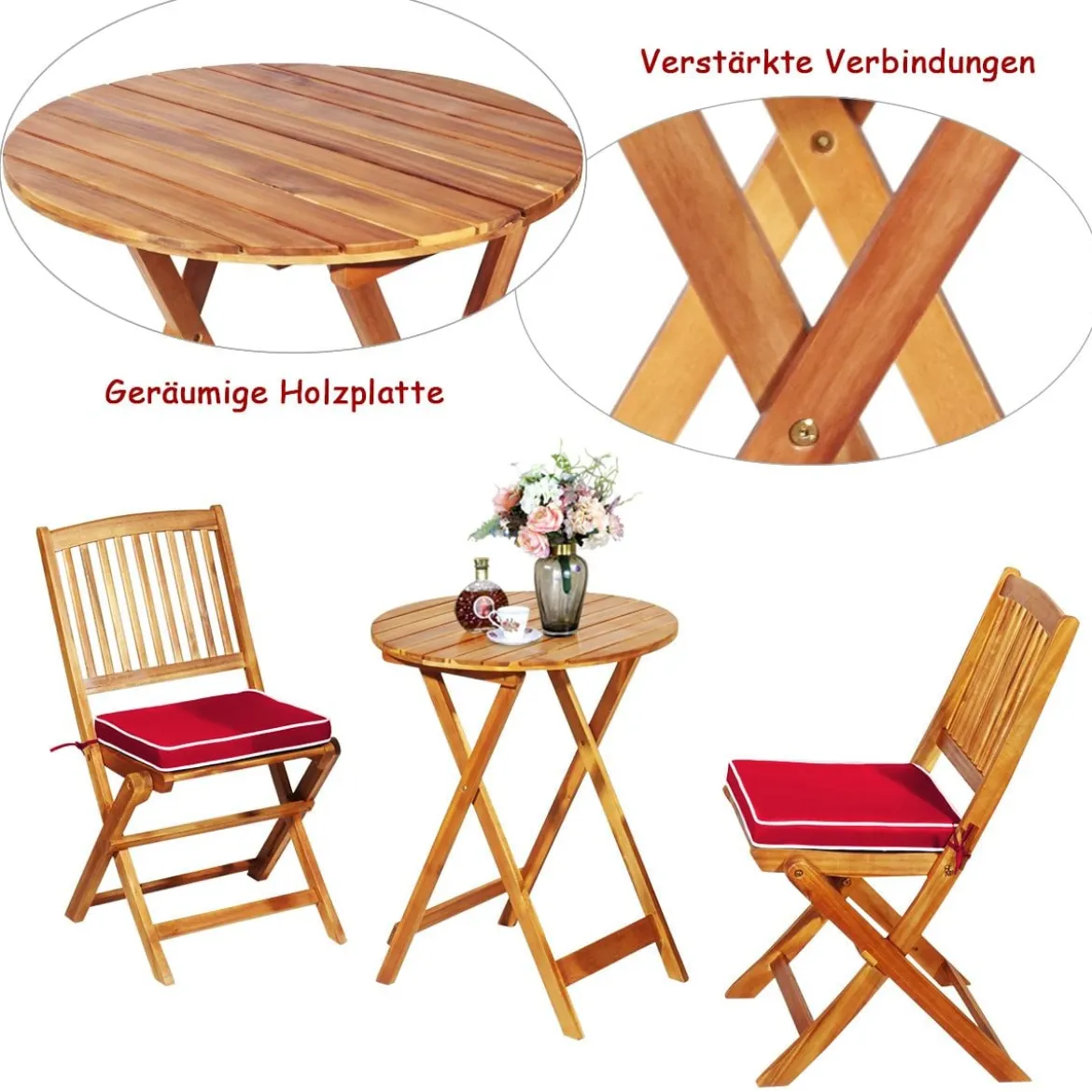 3-TLG. Terrassenmöbel-Set mit Rundem Tisch & 2 Stühlen & 2 Kissen Ergonomische Sitzgarnitur