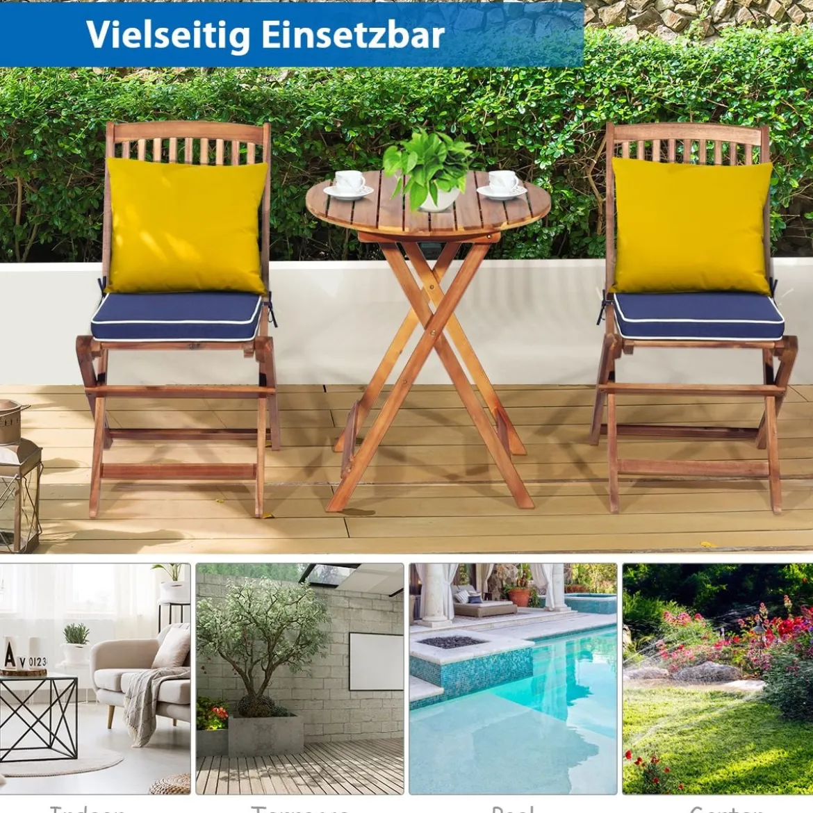 3-TLG. Terrassenmöbel-Set mit Rundem Tisch & 2 Stühlen & 2 Kissen Ergonomische Sitzgarnitur