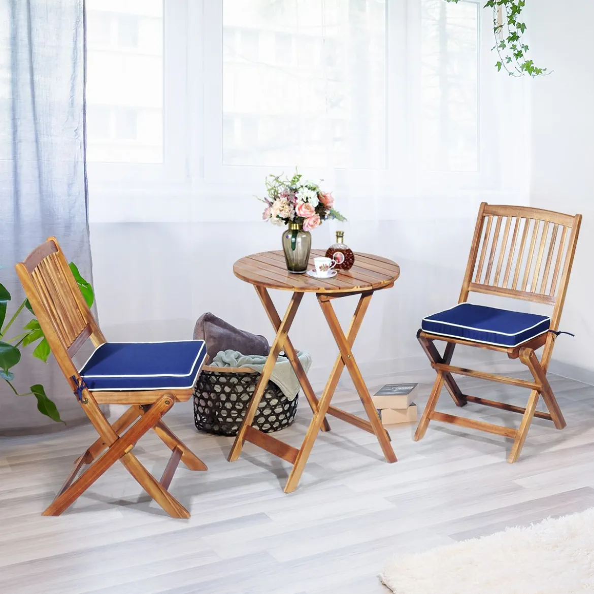 3-TLG. Terrassenmöbel-Set mit Rundem Tisch & 2 Stühlen & 2 Kissen Ergonomische Sitzgarnitur