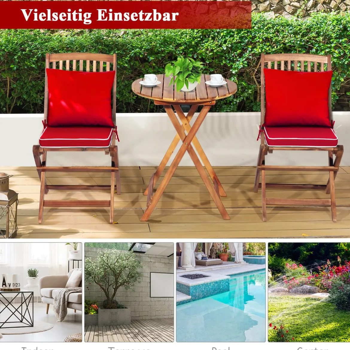 3-TLG. Terrassenmöbel-Set mit Rundem Tisch & 2 Stühlen & 2 Kissen Ergonomische Sitzgarnitur