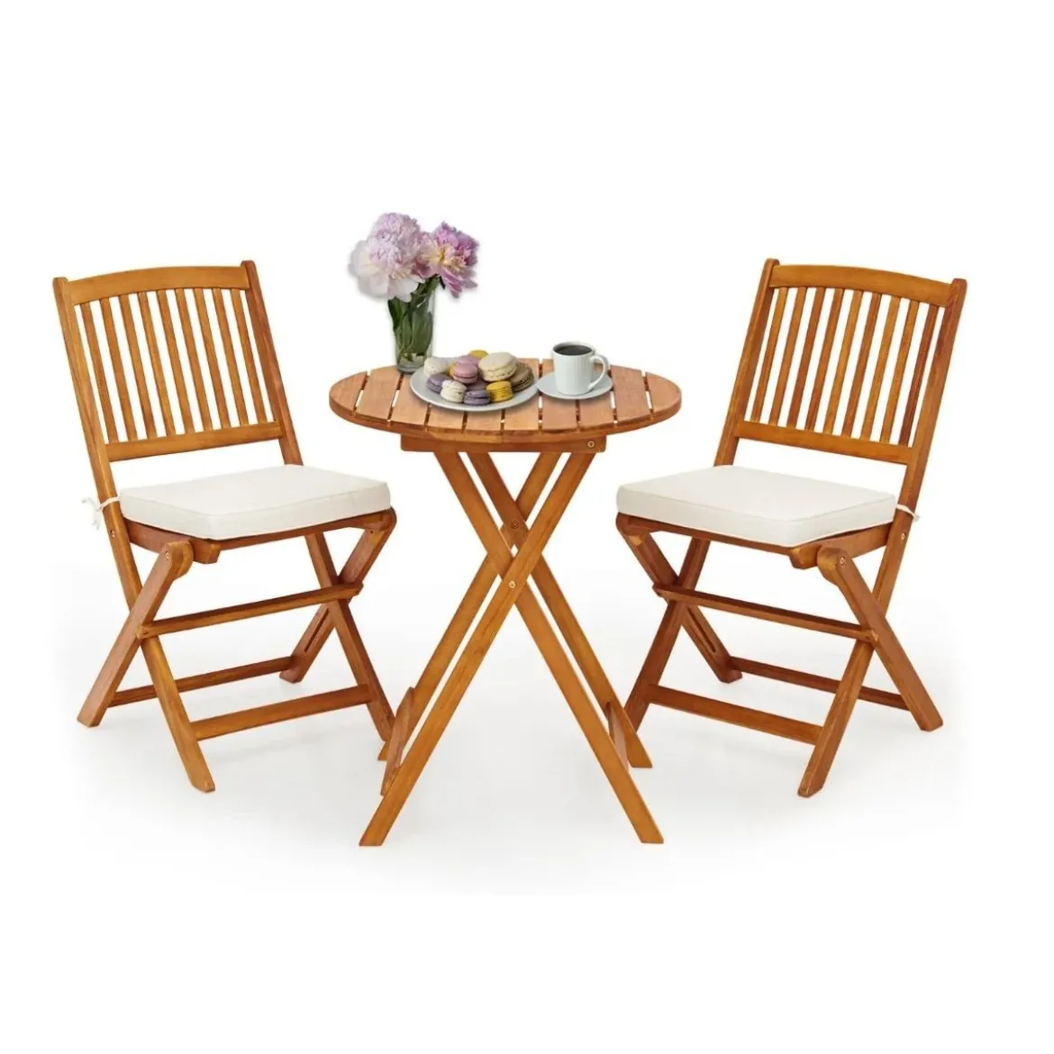 3-TLG. Terrassenmöbel-Set mit Rundem Tisch & 2 Stühlen & 2 Kissen Ergonomische Sitzgarnitur