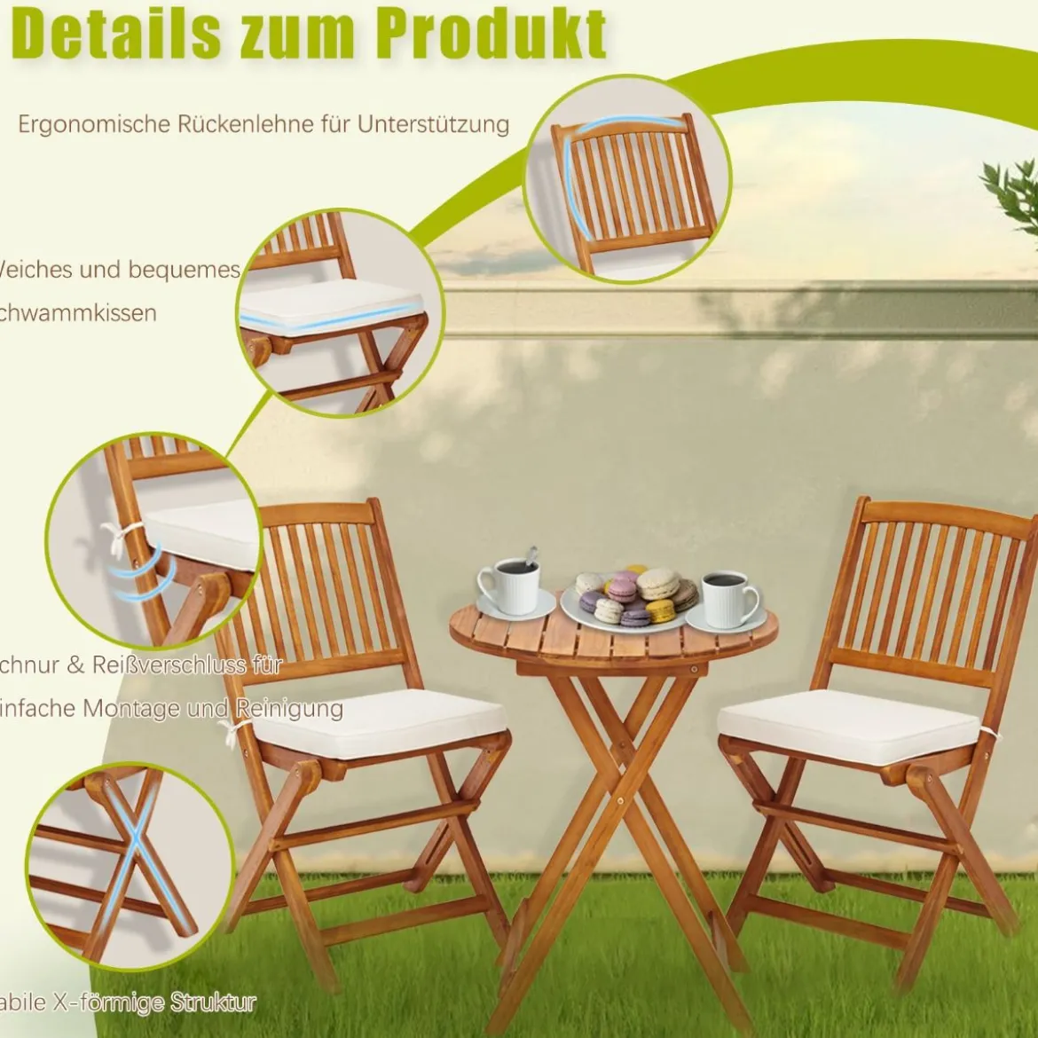 3-TLG. Terrassenmöbel-Set mit Rundem Tisch & 2 Stühlen & 2 Kissen Ergonomische Sitzgarnitur