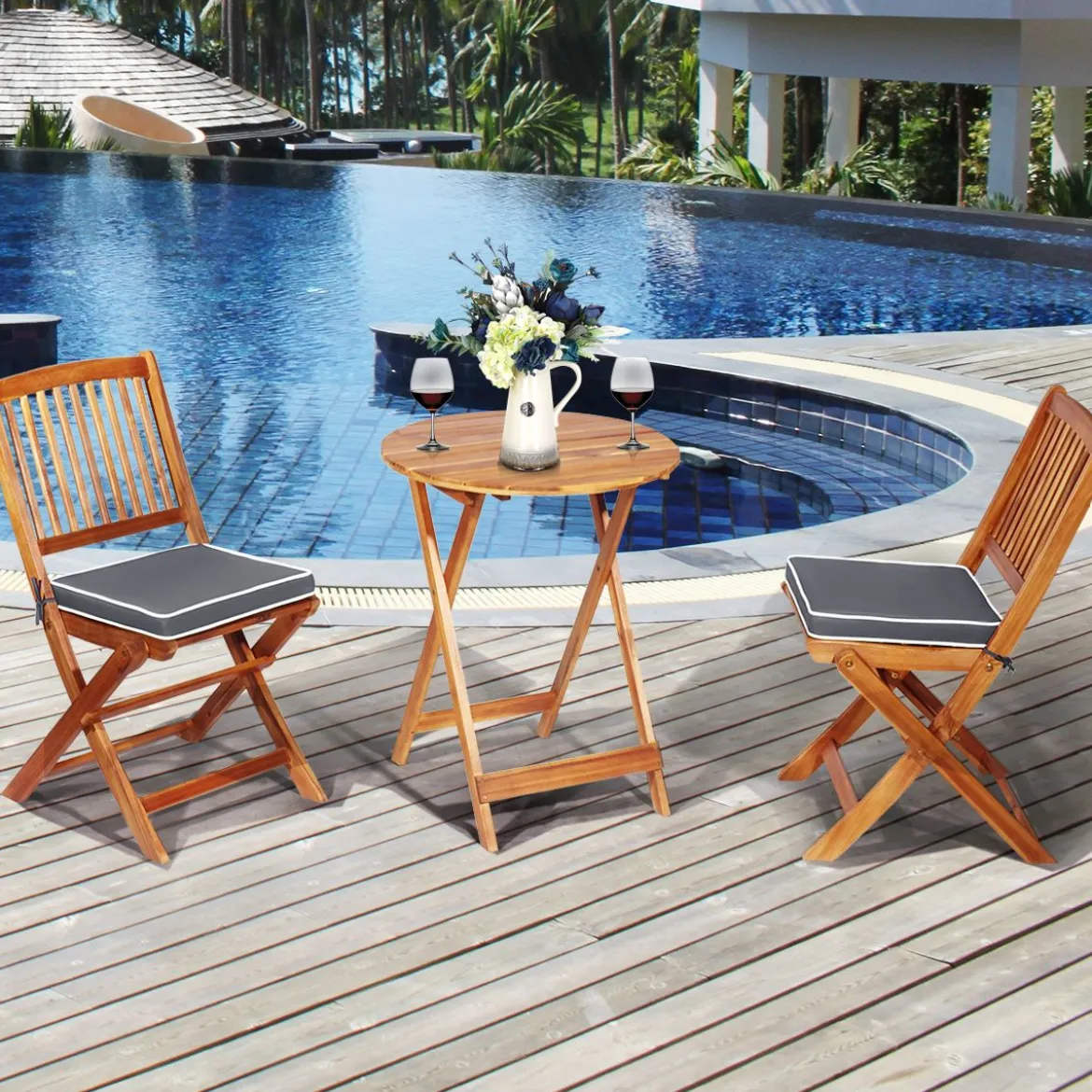 3-TLG. Terrassenmöbel-Set mit Rundem Tisch & 2 Stühlen & 2 Kissen Ergonomische Sitzgarnitur