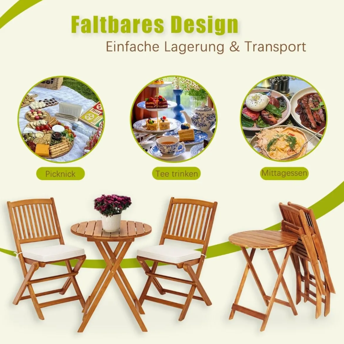 3-TLG. Terrassenmöbel-Set mit Rundem Tisch & 2 Stühlen & 2 Kissen Ergonomische Sitzgarnitur