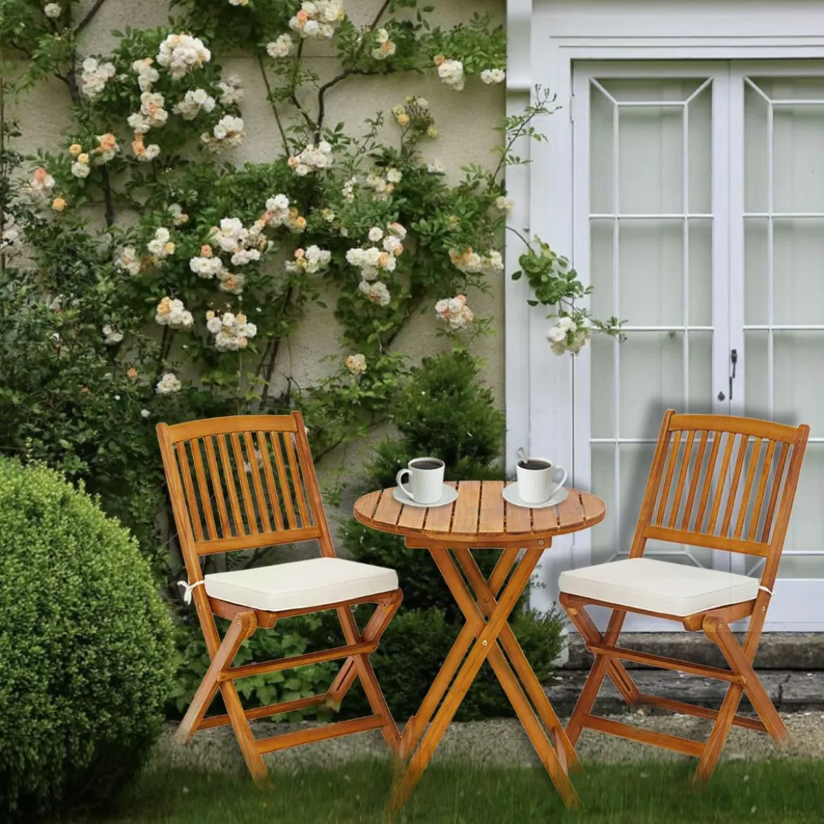 3-TLG. Terrassenmöbel-Set mit Rundem Tisch & 2 Stühlen & 2 Kissen Ergonomische Sitzgarnitur