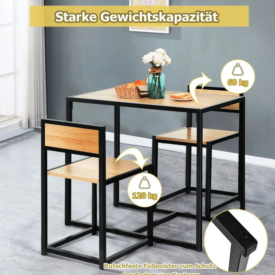 3 tlg. Tischgruppe Essgruppe Bartisch-Set Küchentisch Esstisch Tisch + 2 Stühle Natur