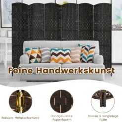6 TLG. Trennwand mit Papierfaser & Pappelholzrahmen Klappbarer Raumteiler Schwarz