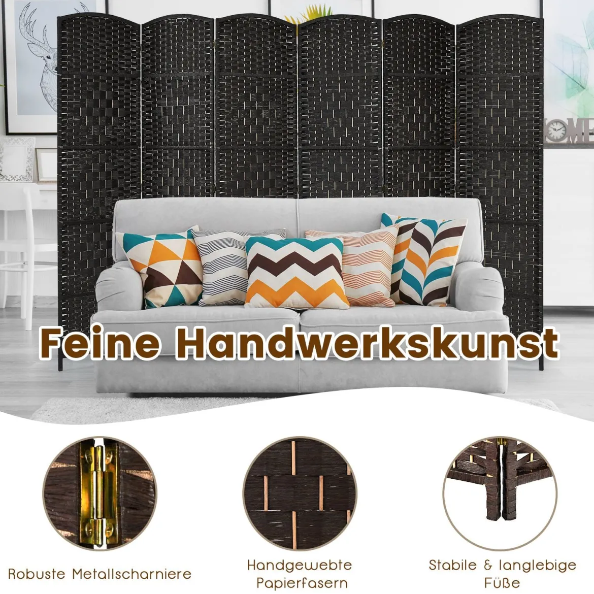 6 TLG. Trennwand mit Papierfaser & Pappelholzrahmen Klappbarer Raumteiler Schwarz
