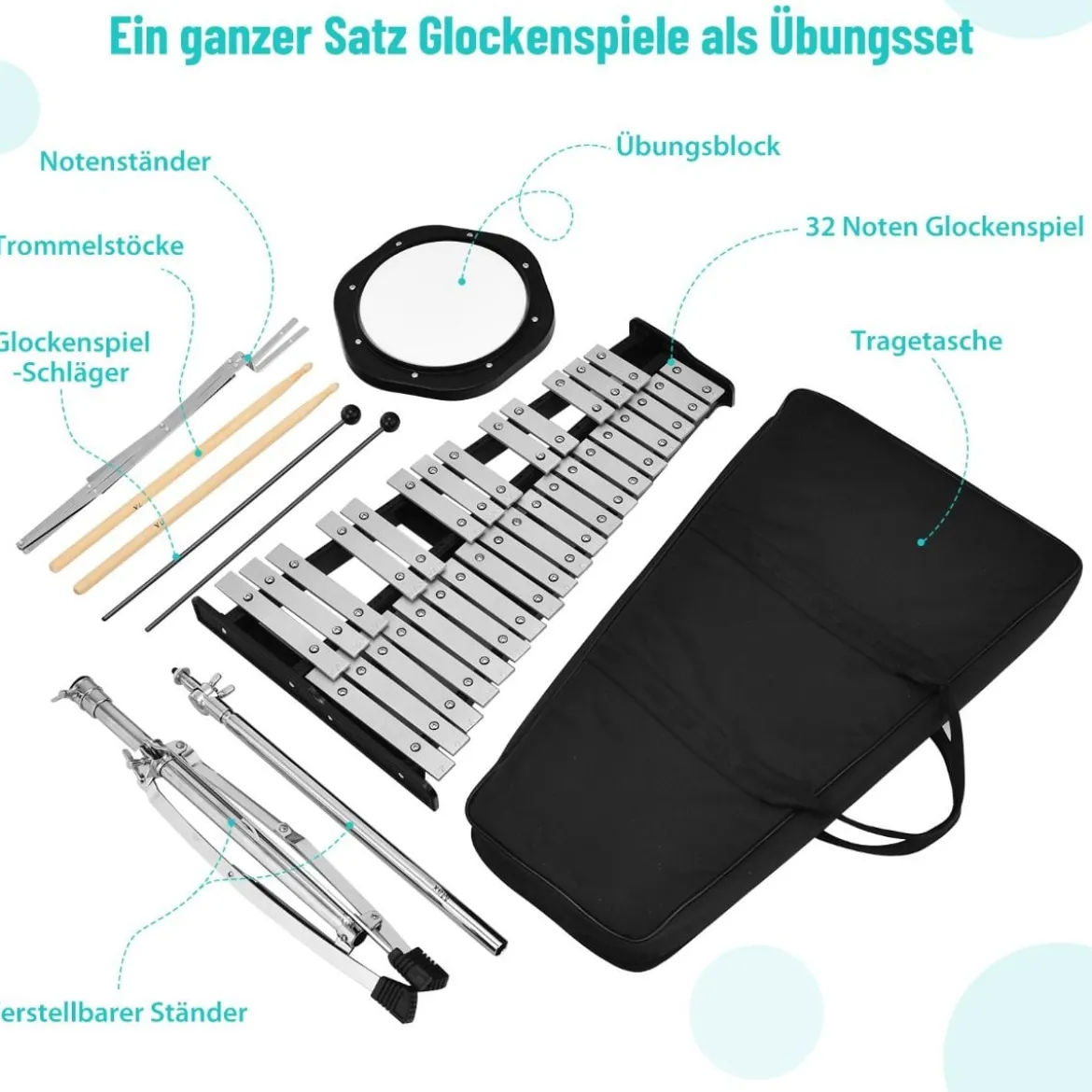 32 Tönen Xylophon Glockenspiel mit Verstellbarem Ständer & Schlägeln und Tragetasche Alu