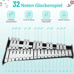 32 Tönen Xylophon Glockenspiel mit Verstellbarem Ständer & Schlägeln und Tragetasche Alu