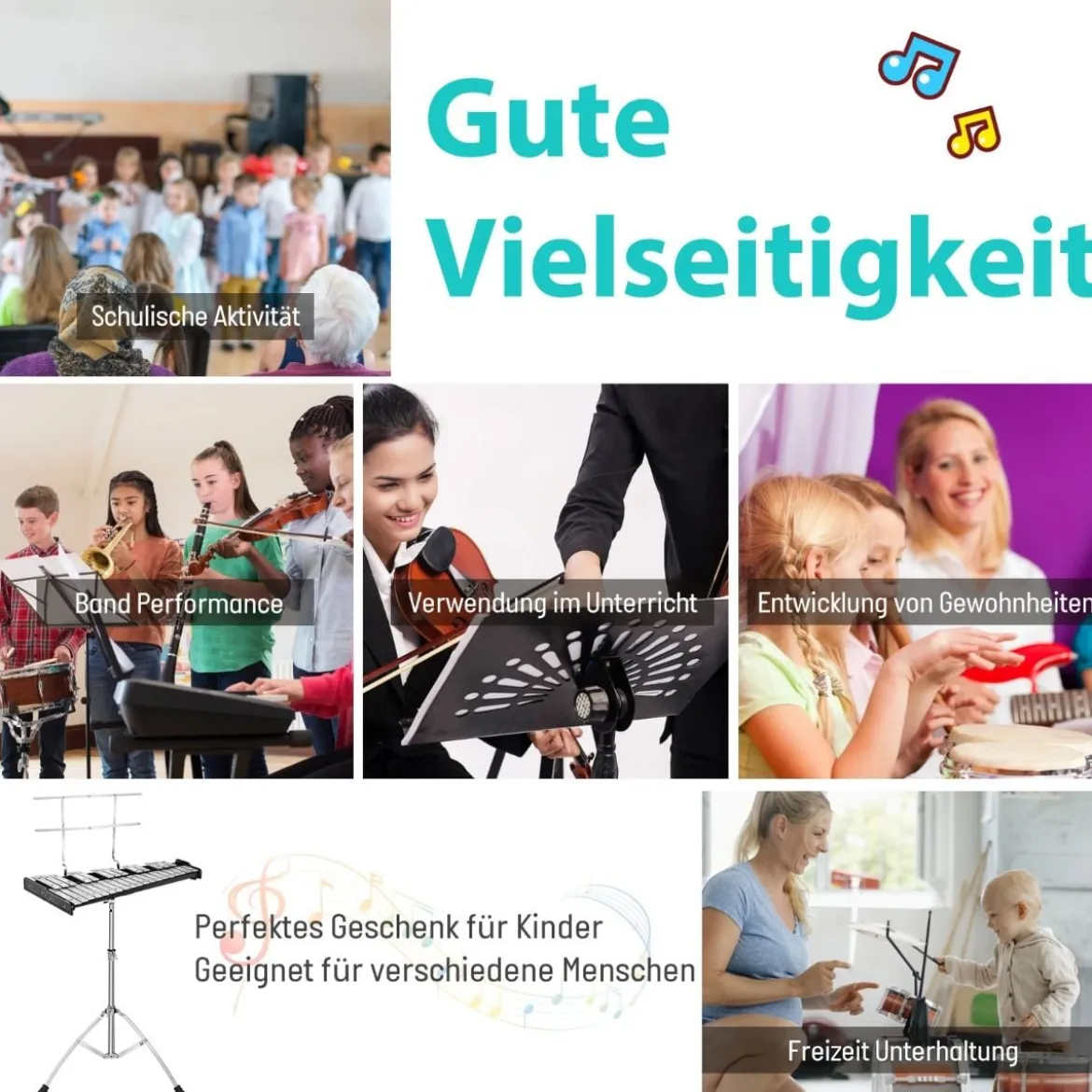 32 Tönen Xylophon Glockenspiel mit Verstellbarem Ständer & Schlägeln und Tragetasche Alu