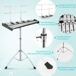 32 Tönen Xylophon Glockenspiel mit Verstellbarem Ständer & Schlägeln und Tragetasche Alu