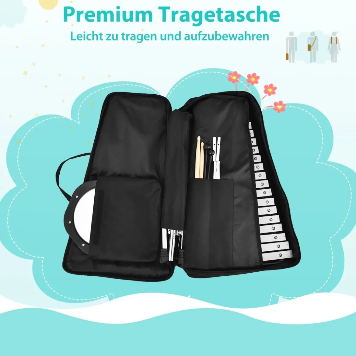 32 Tönen Xylophon Glockenspiel mit Verstellbarem Ständer & Schlägeln und Tragetasche Alu