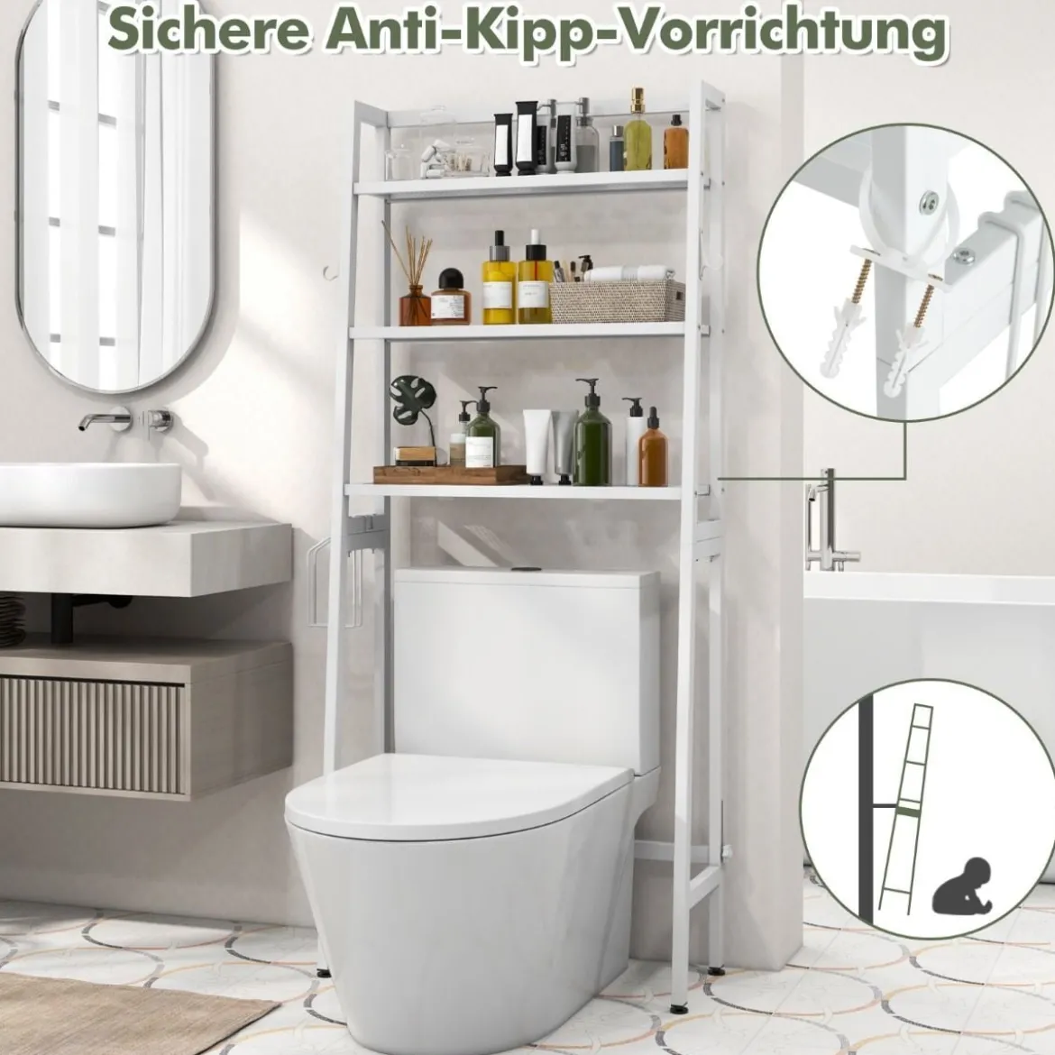 Toilettenregal freistehend Badezimmerregal mit verstellbaren Regalen 65 x 28 x 159 cm Weiß