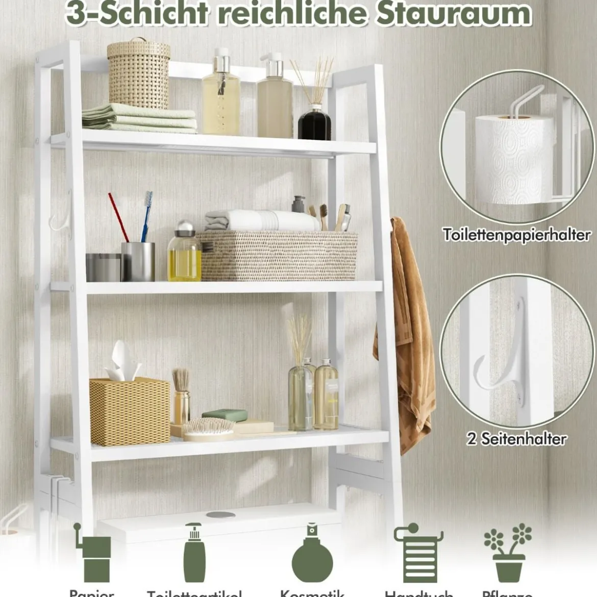 Toilettenregal freistehend Badezimmerregal mit verstellbaren Regalen 65 x 28 x 159 cm Weiß