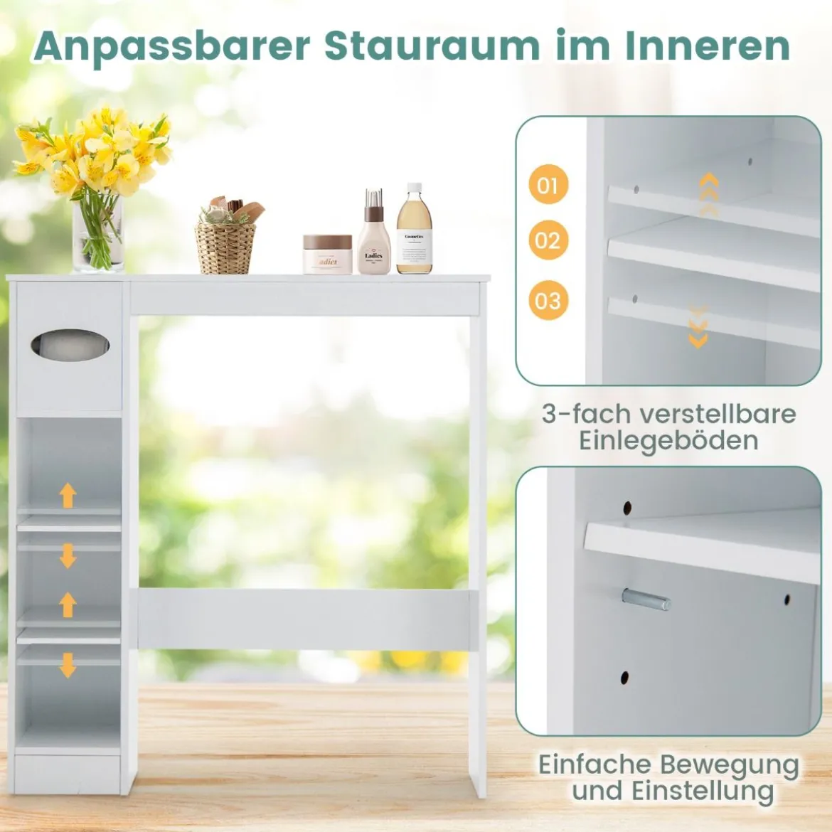 Toilettenregal Platzsparender Badezimmerschrank mit Verstellbaren Regalen Weiß