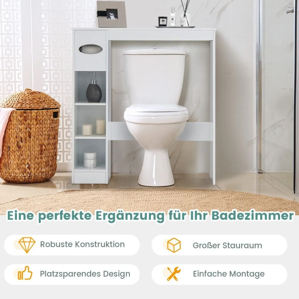 Toilettenregal Platzsparender Badezimmerschrank mit Verstellbaren Regalen Weiß