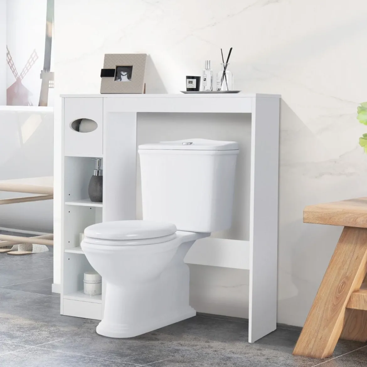 Toilettenregal Platzsparender Badezimmerschrank mit Verstellbaren Regalen Weiß