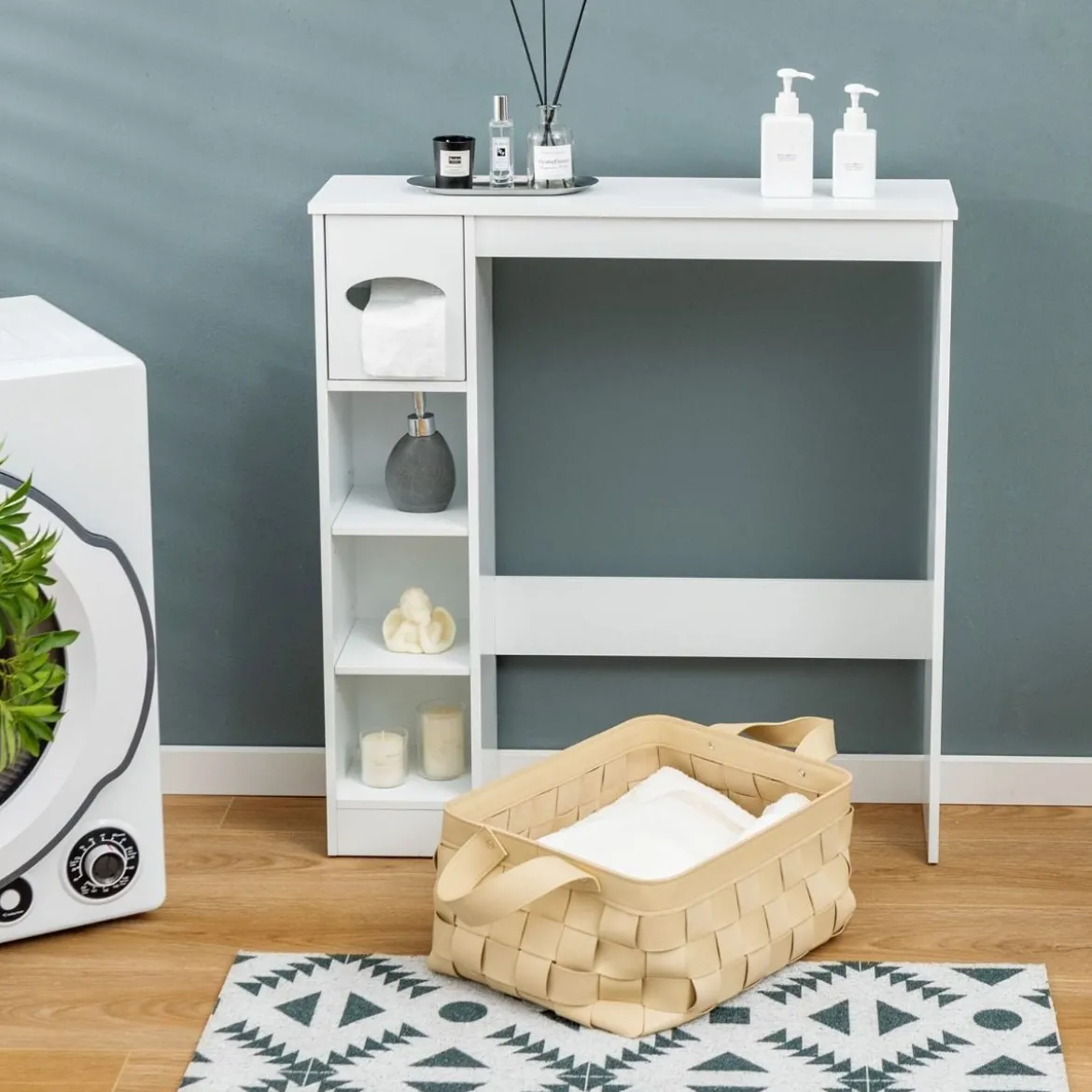 Toilettenregal Platzsparender Badezimmerschrank mit Verstellbaren Regalen Weiß