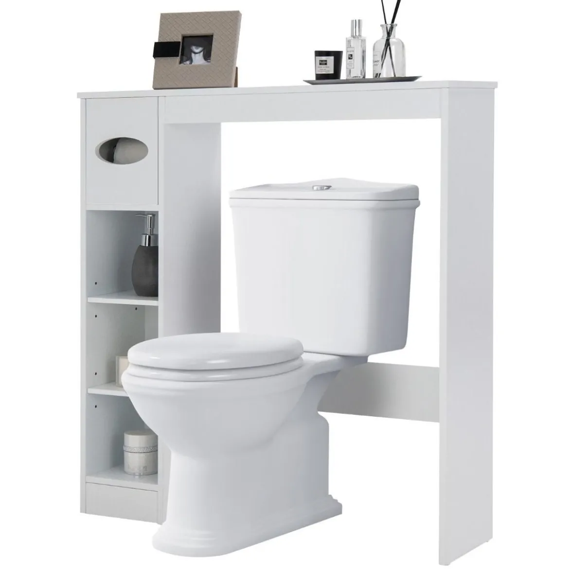 Toilettenregal Platzsparender Badezimmerschrank mit Verstellbaren Regalen Weiß