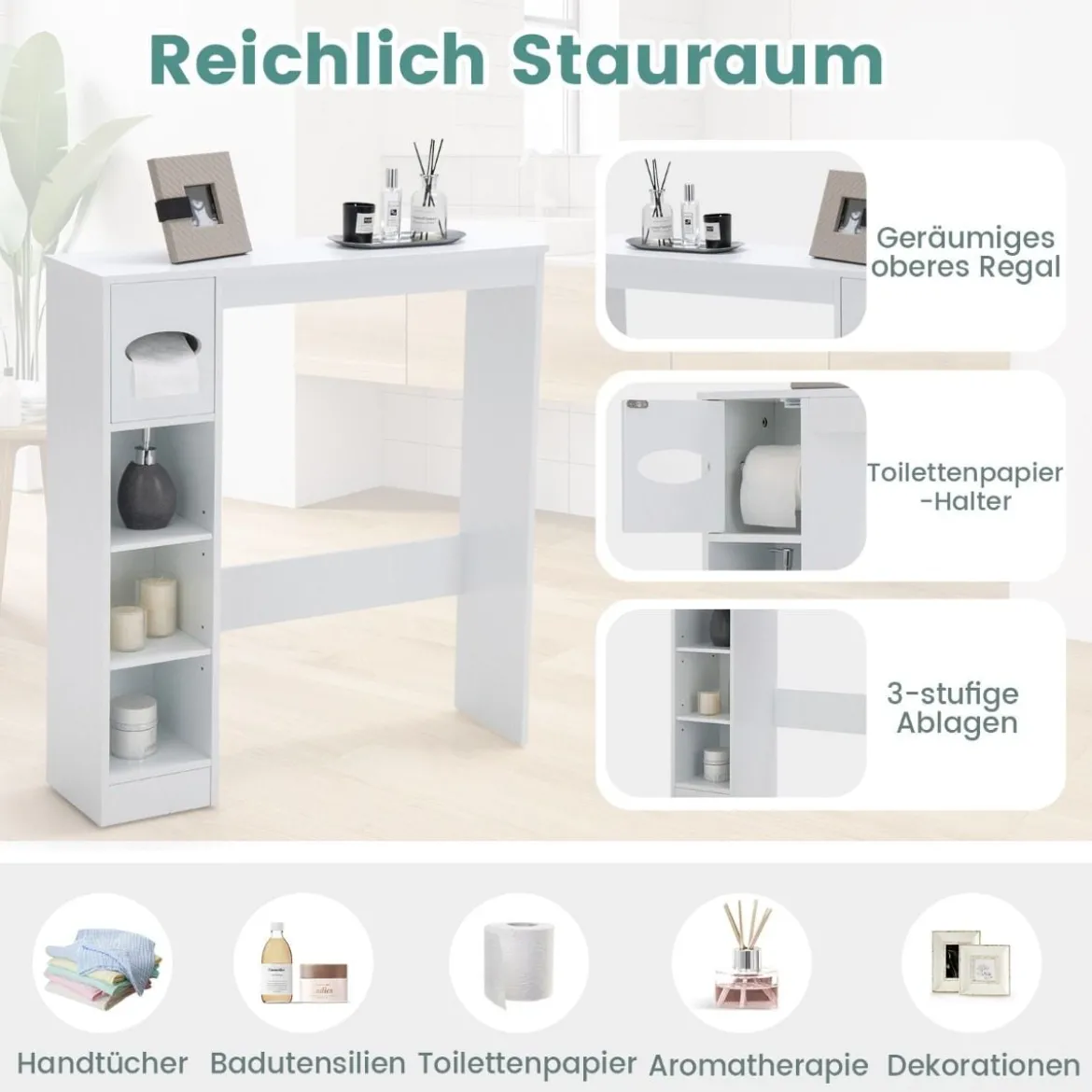 Toilettenregal Platzsparender Badezimmerschrank mit Verstellbaren Regalen Weiß