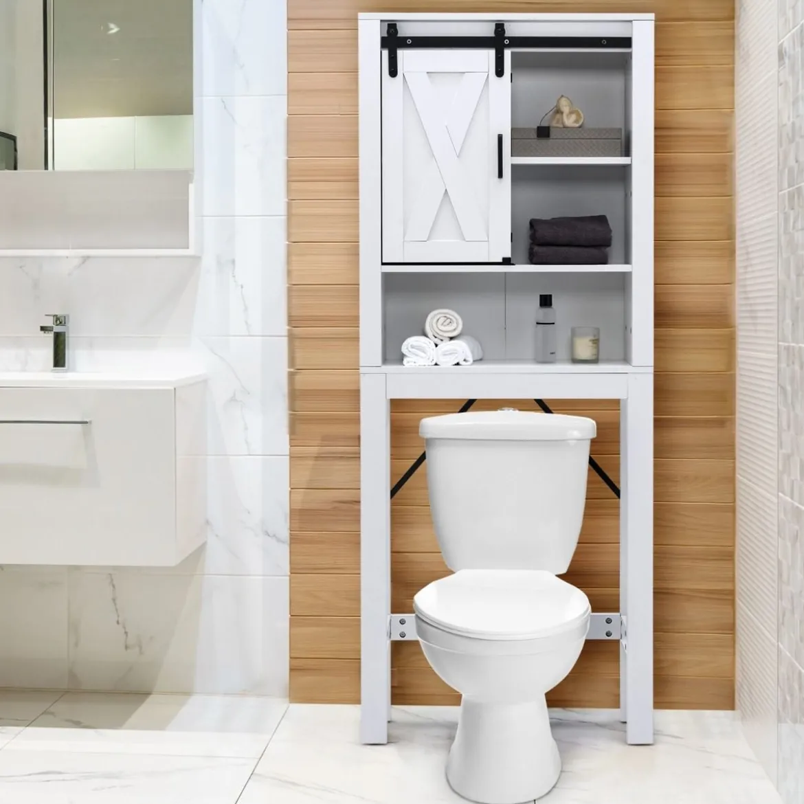 Toilettenschrank aus Holz mit Schiebetür & 3-fach Verstellbaren Regalböden Weiß