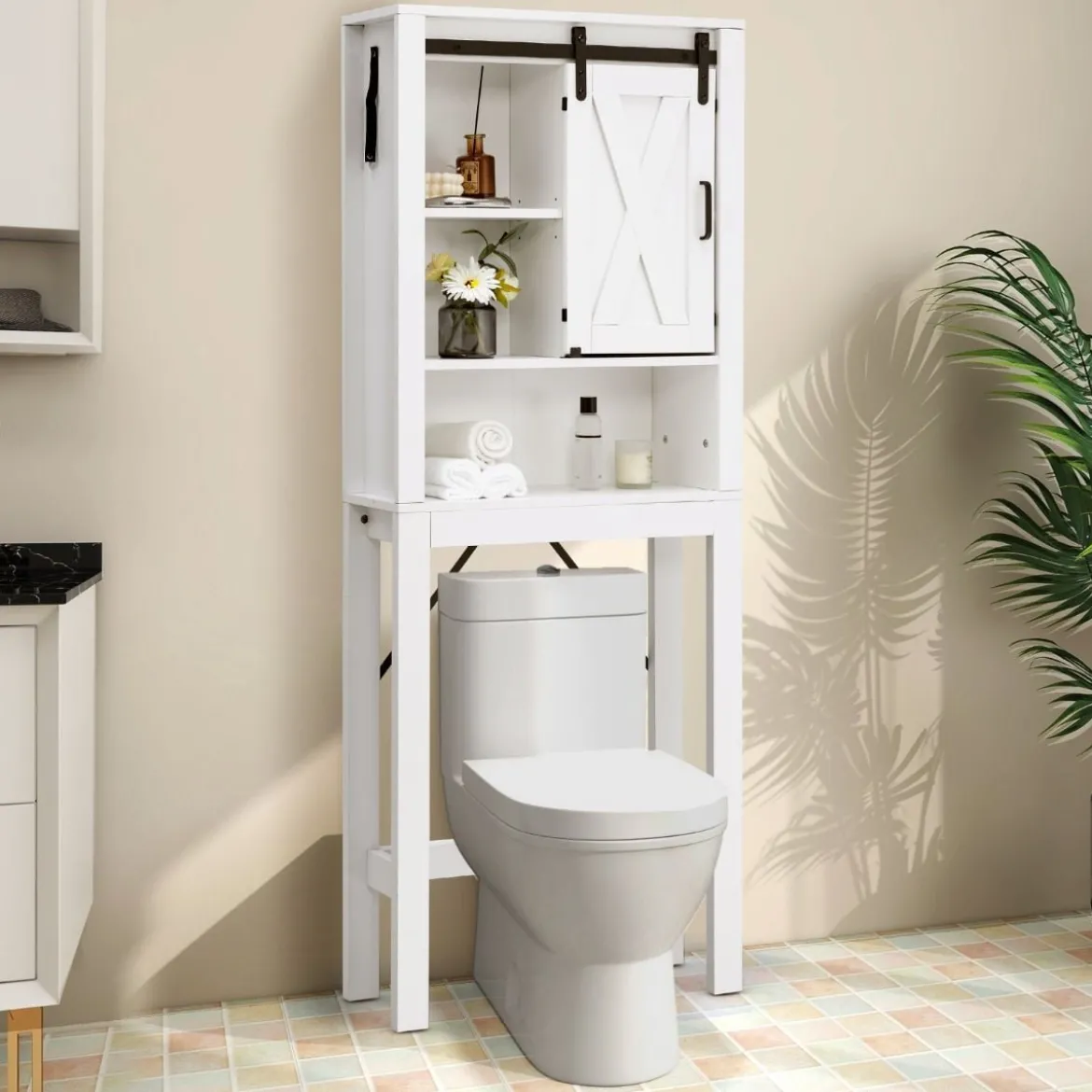 Toilettenschrank aus Holz mit Schiebetür & 3-fach Verstellbaren Regalböden Weiß