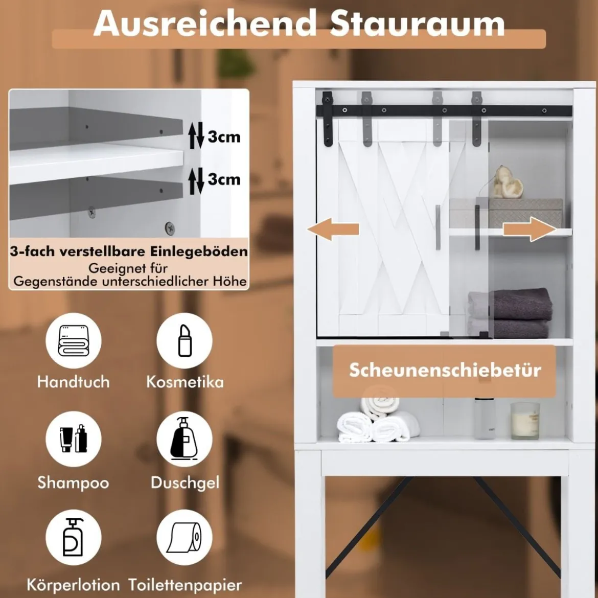 Toilettenschrank aus Holz mit Schiebetür & 3-fach Verstellbaren Regalböden Weiß