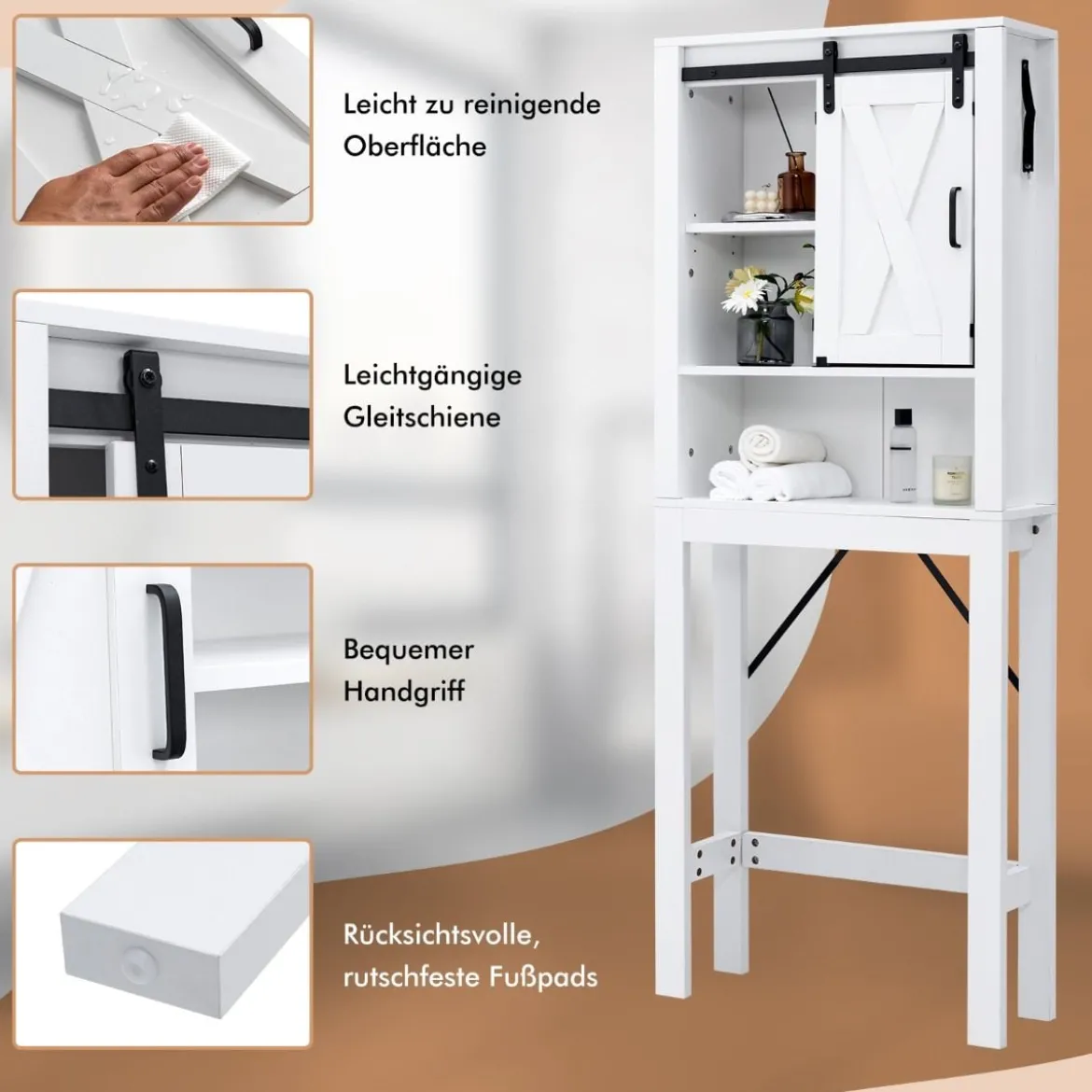 Toilettenschrank aus Holz mit Schiebetür & 3-fach Verstellbaren Regalböden Weiß