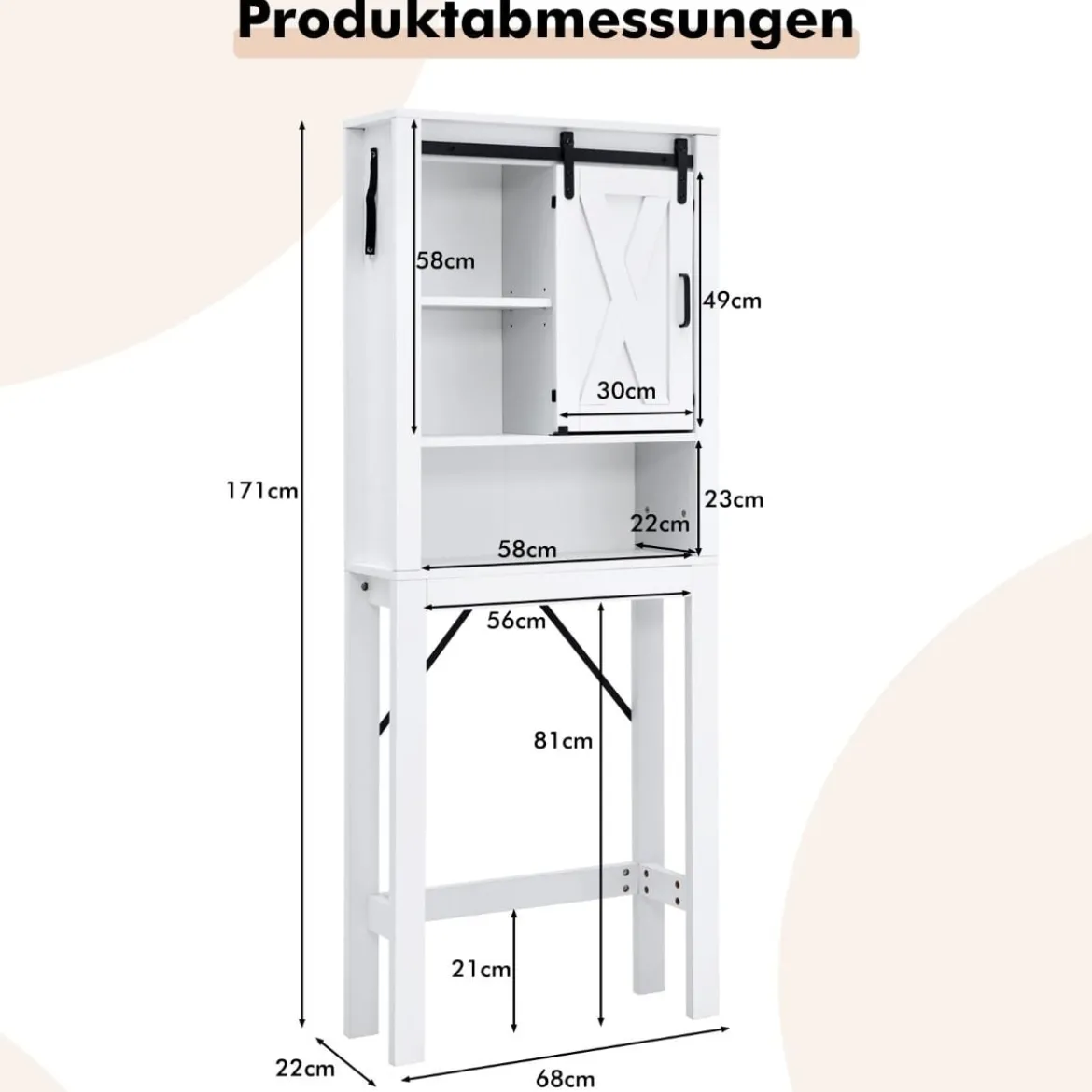 Toilettenschrank aus Holz mit Schiebetür & 3-fach Verstellbaren Regalböden Weiß