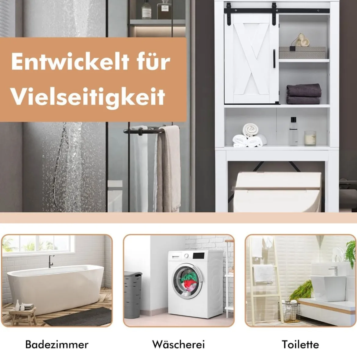 Toilettenschrank aus Holz mit Schiebetür & 3-fach Verstellbaren Regalböden Weiß