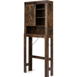 Toilettenschrank aus Holz mit Schiebetür & 4-Fach Verstellbaren Regalböden Braun
