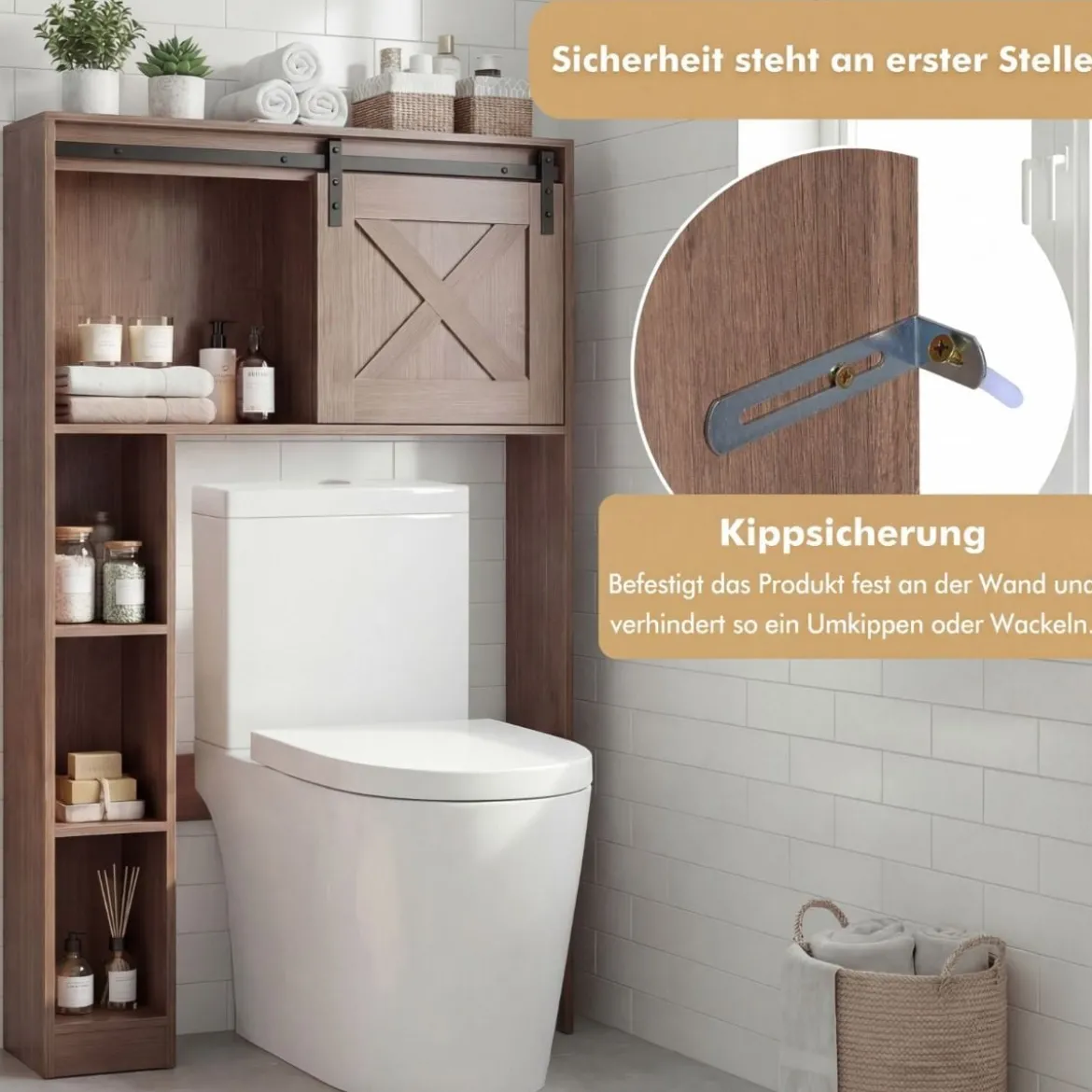 Toilettenschrank aus Holz Toilettenregal mit Schiebetür 84 x 17 x 128 cm Braun