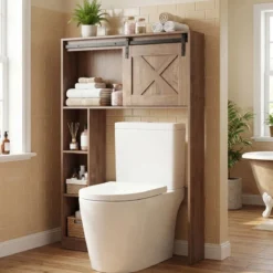Toilettenschrank aus Holz Toilettenregal mit Schiebetür 84 x 17 x 128 cm Braun