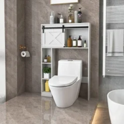 Toilettenschrank aus Holz Toilettenregal mit Schiebetür 84 x 17 x 128 cm Weiß