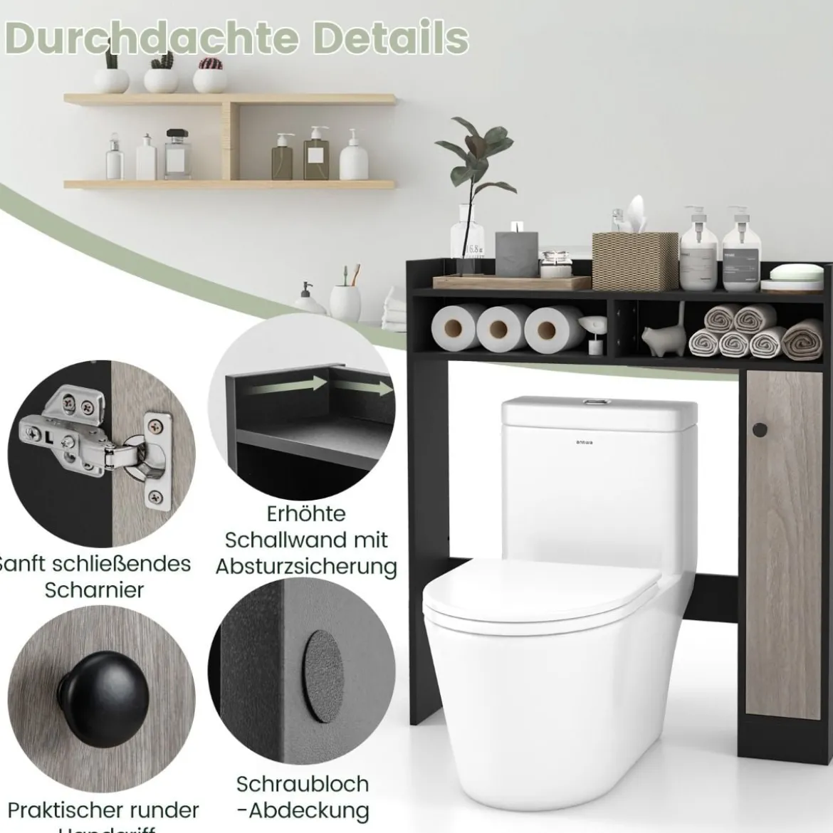 Toilettenschrank Bad Überbauschrank mit Verstellbaren Regalböden Toilettenständer