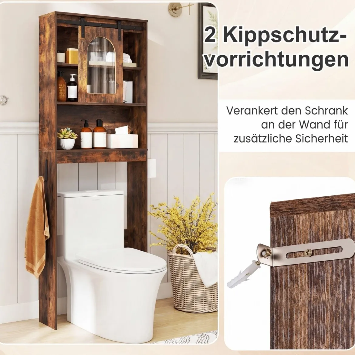 Toilettenschrank Badezimmer-Organizer im Bauernhausstil mit Schiebetür im Scheunentor-Design Braun