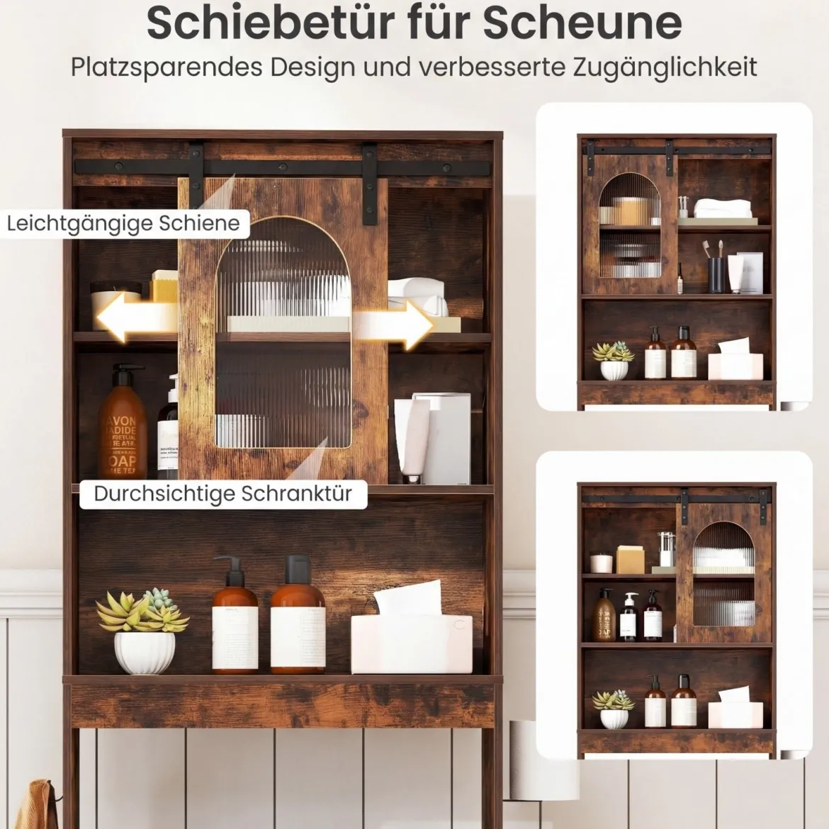 Toilettenschrank Badezimmer-Organizer im Bauernhausstil mit Schiebetür im Scheunentor-Design Braun
