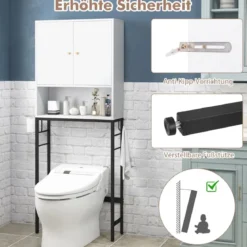 Toilettenschrank freistehend Toilettenregal mit 2 Türen & 2 Haken 63 x 23 x 165,5 cm Weiß/Natur