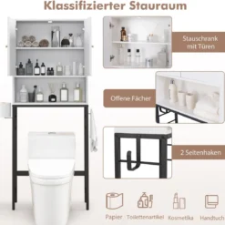 Toilettenschrank freistehend Toilettenregal mit 2 Türen & 2 Haken 63 x 23 x 165,5 cm Weiß/Natur