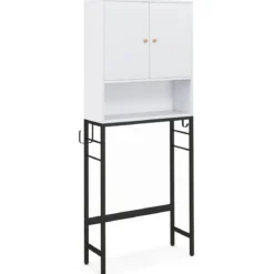 Toilettenschrank freistehend Toilettenregal mit 2 Türen & 2 Haken 63 x 23 x 165,5 cm Weiß/Natur