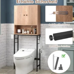 Toilettenschrank freistehend Toilettenregal mit 2 Türen & 2 Haken 63 x 23 x 165,5 cm Weiß/Natur