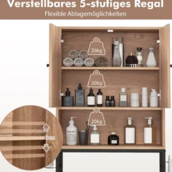 Toilettenschrank freistehend Toilettenregal mit 2 Türen & 2 Haken 63 x 23 x 165,5 cm Weiß/Natur